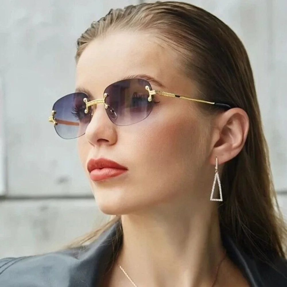 Rimless Sunglasses Men Rectangle Gold Frame Blue‎ Lens Fashion Shades